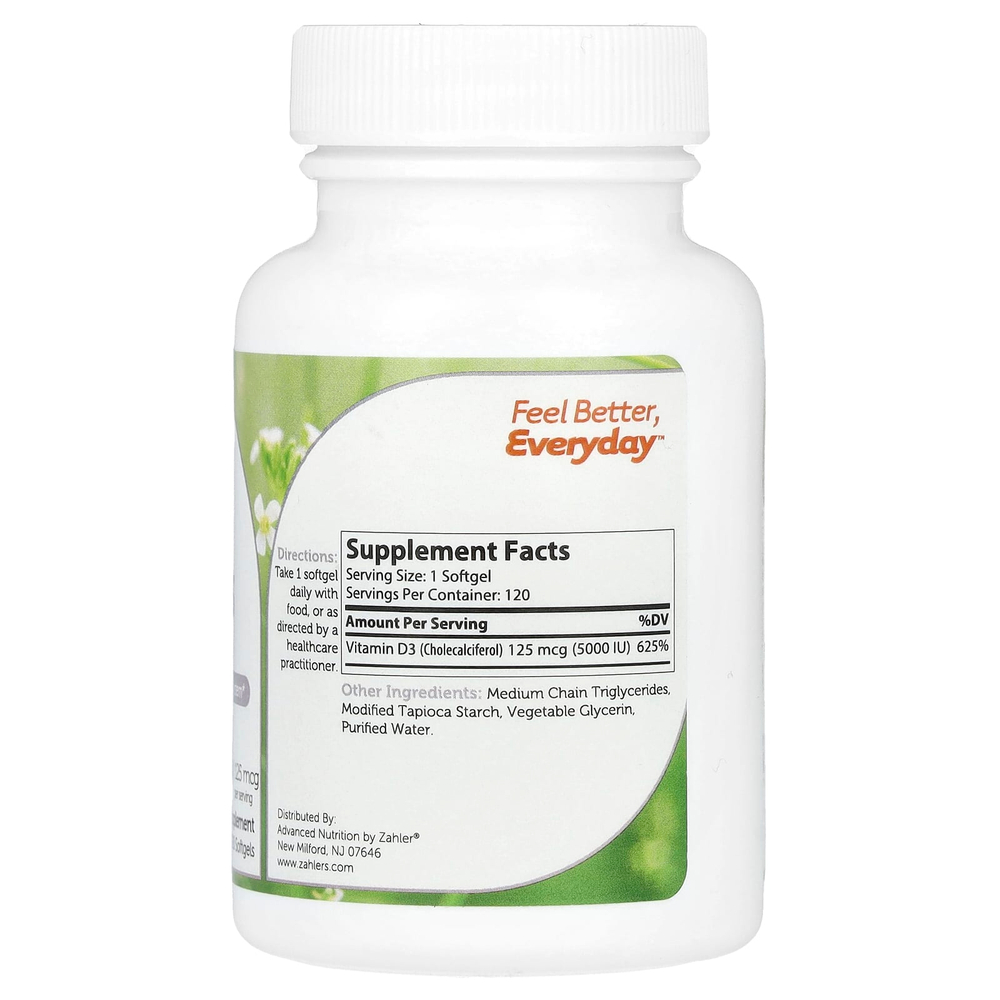 Zahler, витамин D3, улучшенная формула с витамином D3, 125 мкг (5000 МЕ), 120 мягких таблеток