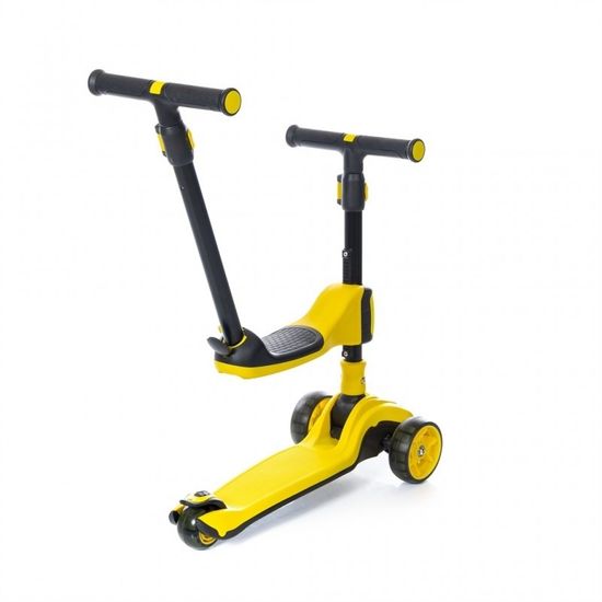 Самокат-беговел 3 в 1 Scooter Micar Transformer складной со светящимися колесами, сиденьем и родительской ручкой желтый