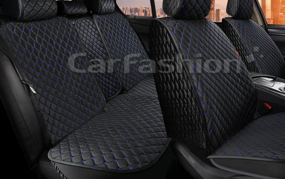 Накидки сидений ПОЛНЫЙ CarFashion (кт) -«SULTAN PLUS» 22724 РОМБ -Велюр черный/черный/шов синий
