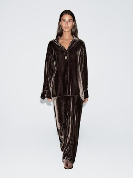 Massimo Dutti Длинная расклешенная юбка из бархата, коричневый