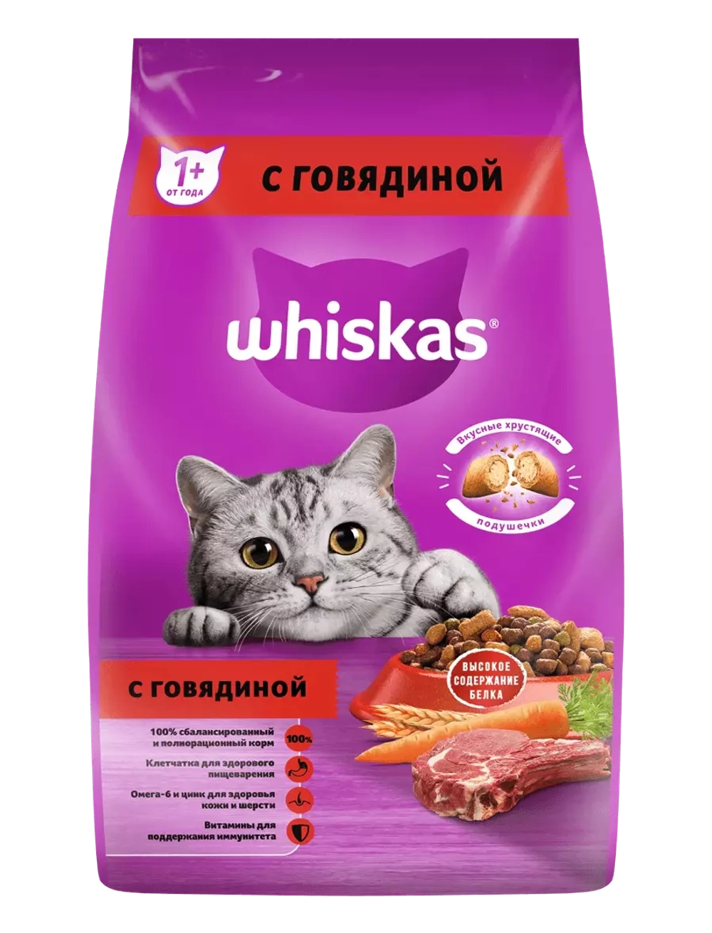 Whiskas корм для кошек с говядиной и кроликом, подушечки с паштетом