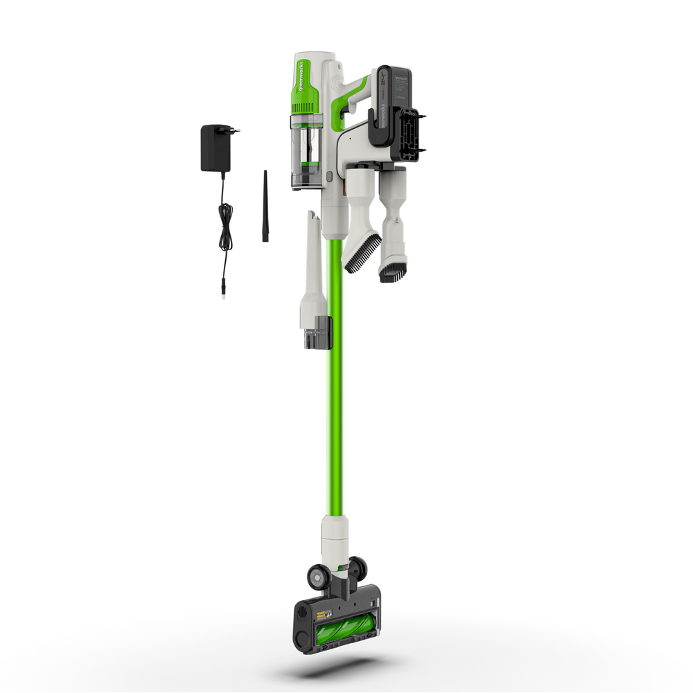 Пылесос вертикальный акк. Greenworks SV24532, 24V, б/щет, 350 Вт, 21 кПа, электрощетка, 3 насадки, LED, белый+зеленый, 1х4Ач и ЗУ (4702007UB)