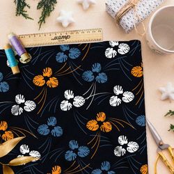 Ткань мембрана крупные разноцветные листья на чёрном фоне