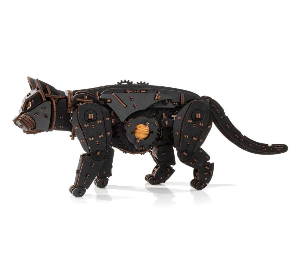 Механический Черный Кот от Eco Wood Art (EWA) - Деревянный конструктор, сборная механическая модель, 3D Пазл