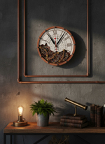 Интерьер в индустриальном стиле с часами WOODandROOT Automaton Bite 1695 — медные детали, теплое освещение и атмосфера ремесленного лофта