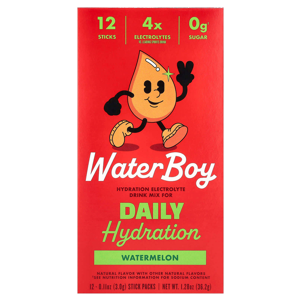 Waterboy, Daily Hydration, смесь для приготовления электролитического напитка, арбуз, 12 пакетиков по 3 г (0,11 унции)