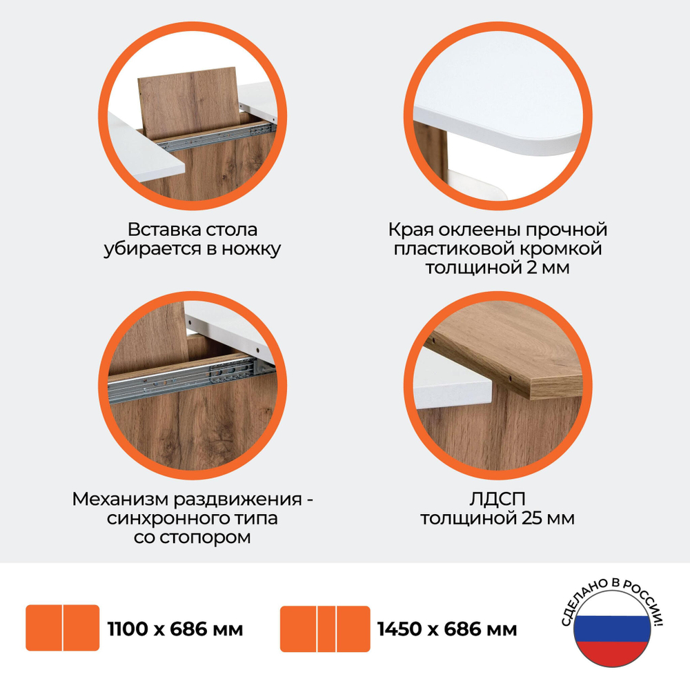 Стол обеденный GENT ЛДСП, 110-145x68,6x75,5 см, Дуб вотан/Белый