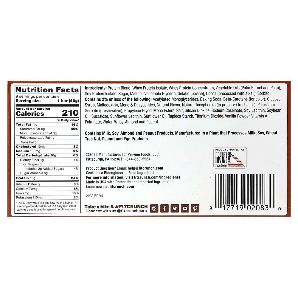 FITCRUNCH, Запеченный батончик с высоким содержанием протеина, тесто для шоколадного печенья, 9 батончиков, 46 г (1,62 унции)