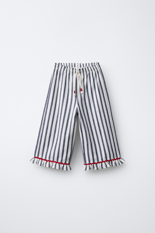 ZARA БРЮКИ В ПОЛОСКУ С ВОЛАНАМИ, МОРСКОЙ СИНИЙ