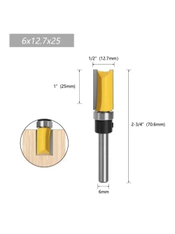 Фреза по дереву кромочная прямая для выборки заподлицо с верхним подшипником ,хвостовик 6 мм,3шт