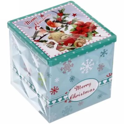 Банка жестяная 9*9*9см «Мишка и снегири»