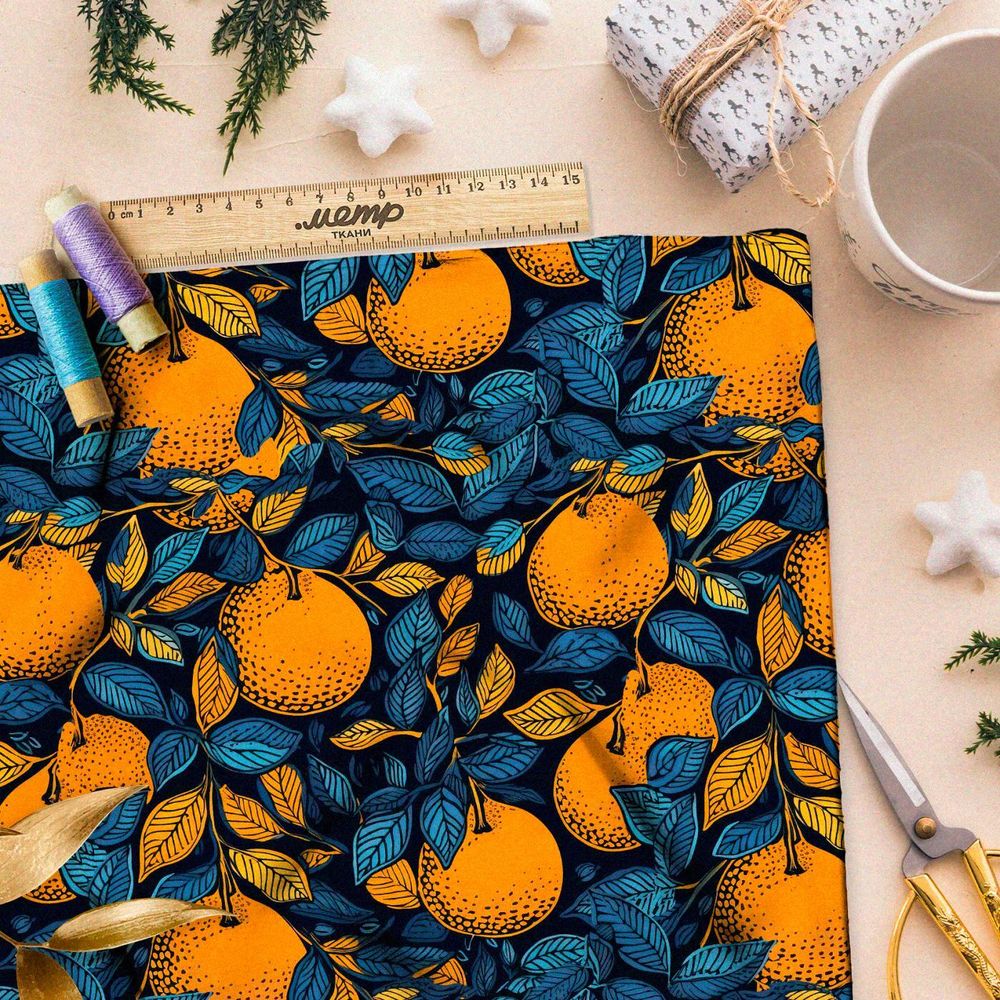 Ткань премиум атлас мандарины на синем