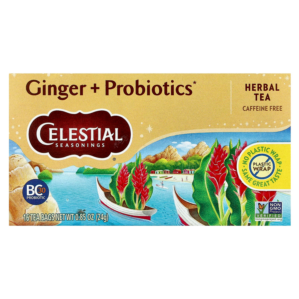 Celestial Seasonings, травяной чай, имбирь и пробиотики, без кофеина, 16 чайных пакетиков, 24 г (0,85 унции)