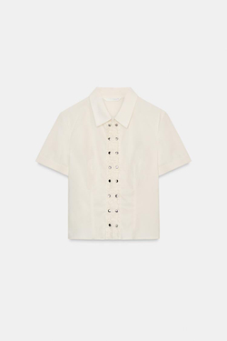 ZARA РУБАШКА ИЗ ПОПЛИНА С ВОЛАНАМИ И ЗАКЛЕПКАМИ, ЭКРЮ