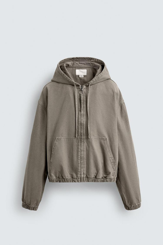 ZARA КУРТКА ИЗ ТКАНИ С ЭФФЕКТОМ ПОТЕРТОСТИ С КАПЮШОНОМ, ЗЕЛЕНЫЙ