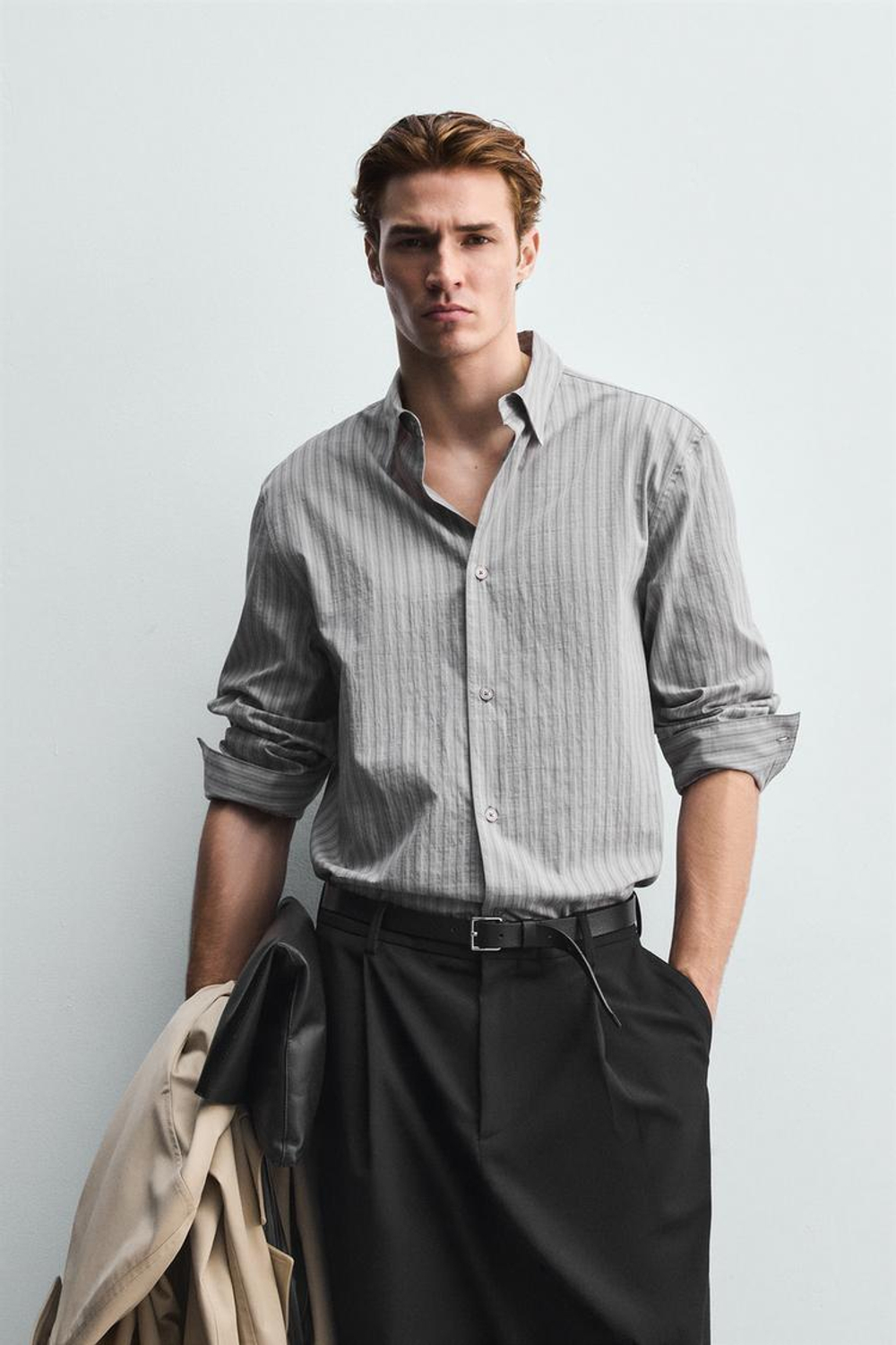 ZARA РУБАШКА В ПОЛОСКУ, СЕРЫЙ МЕЛАНЖ