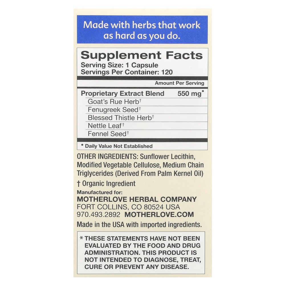 Motherlove, Грудное вскармливание, специальная смесь More Milk, 120 жидких капсул