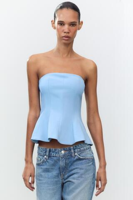 ZARA ТОП С БАСКОЙ И ОТКРЫТЫМИ ПЛЕЧАМИ, СИНИЙ