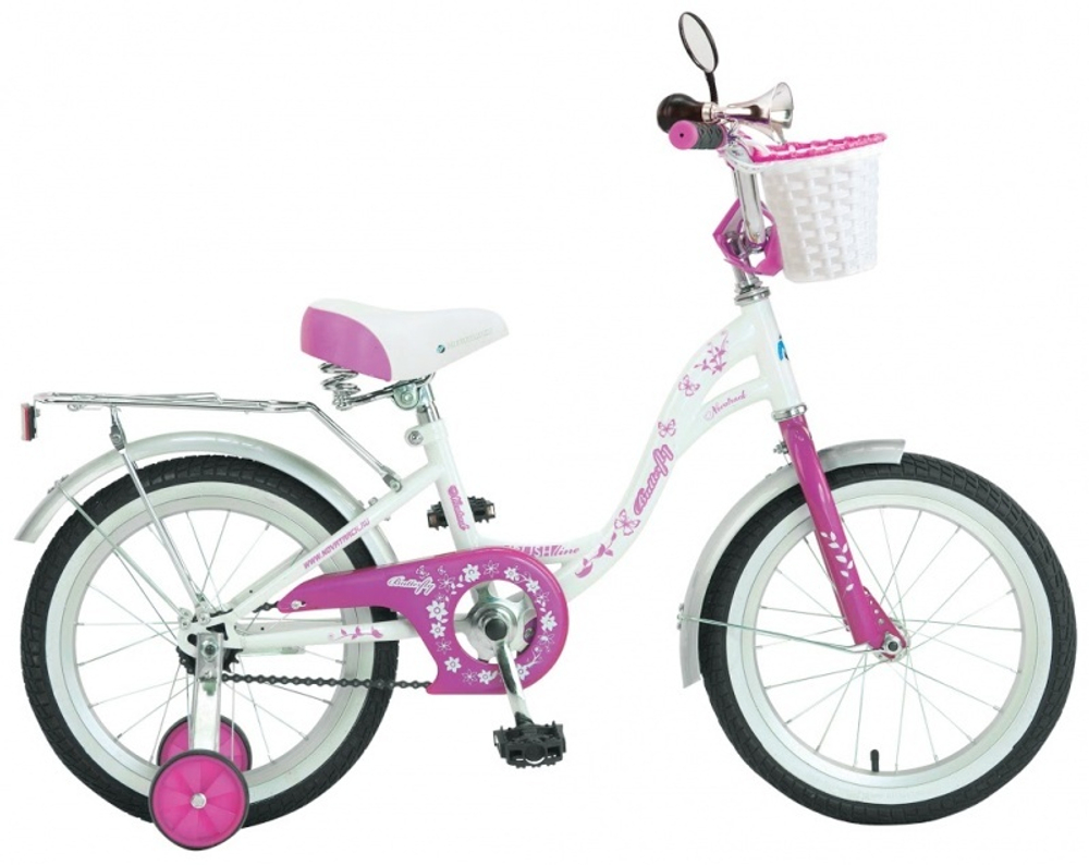Велосипед NOVATRACK 16", BUTTERFLY, белый-розовый, тормоз ножной, крылья цвет., ба