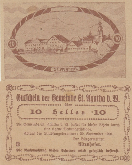 Австрия 10 геллеров 1920 Санкт Агата aUNC