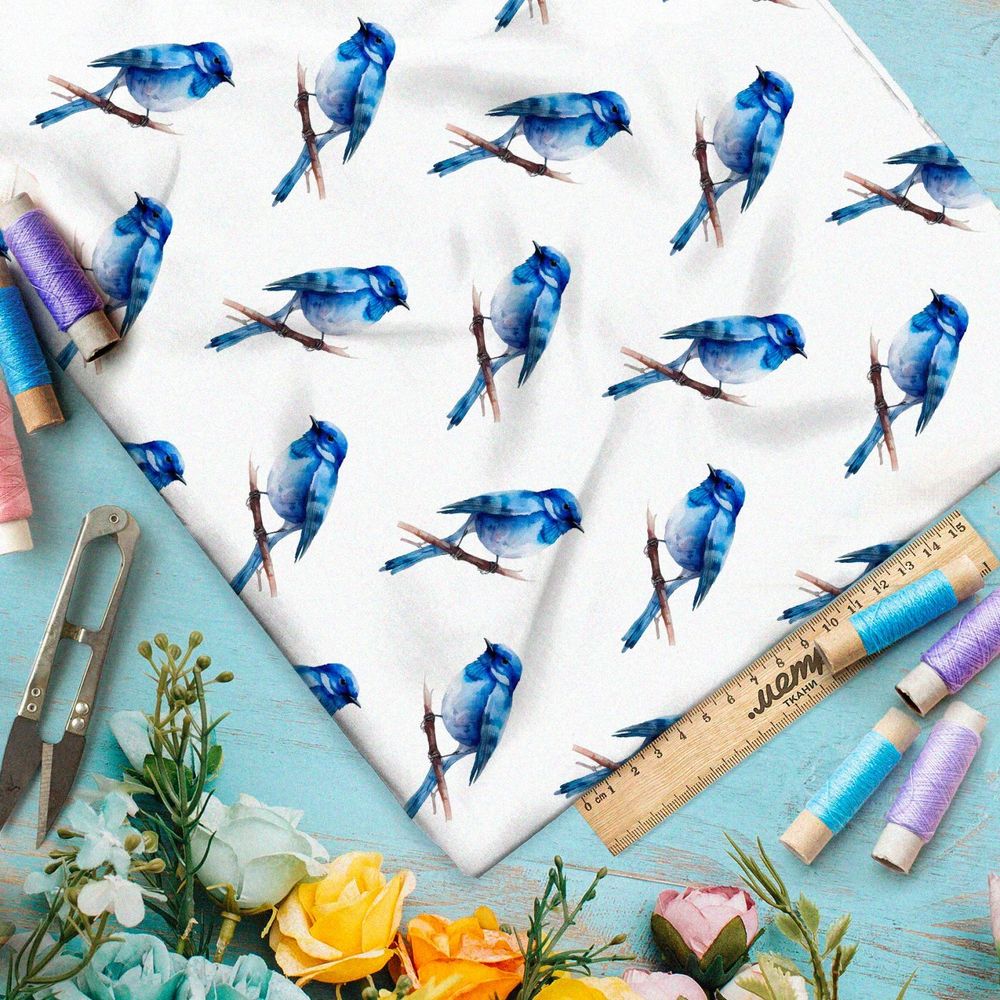 Ткань премиум Оксфорд 600D акварельные синие пичуги