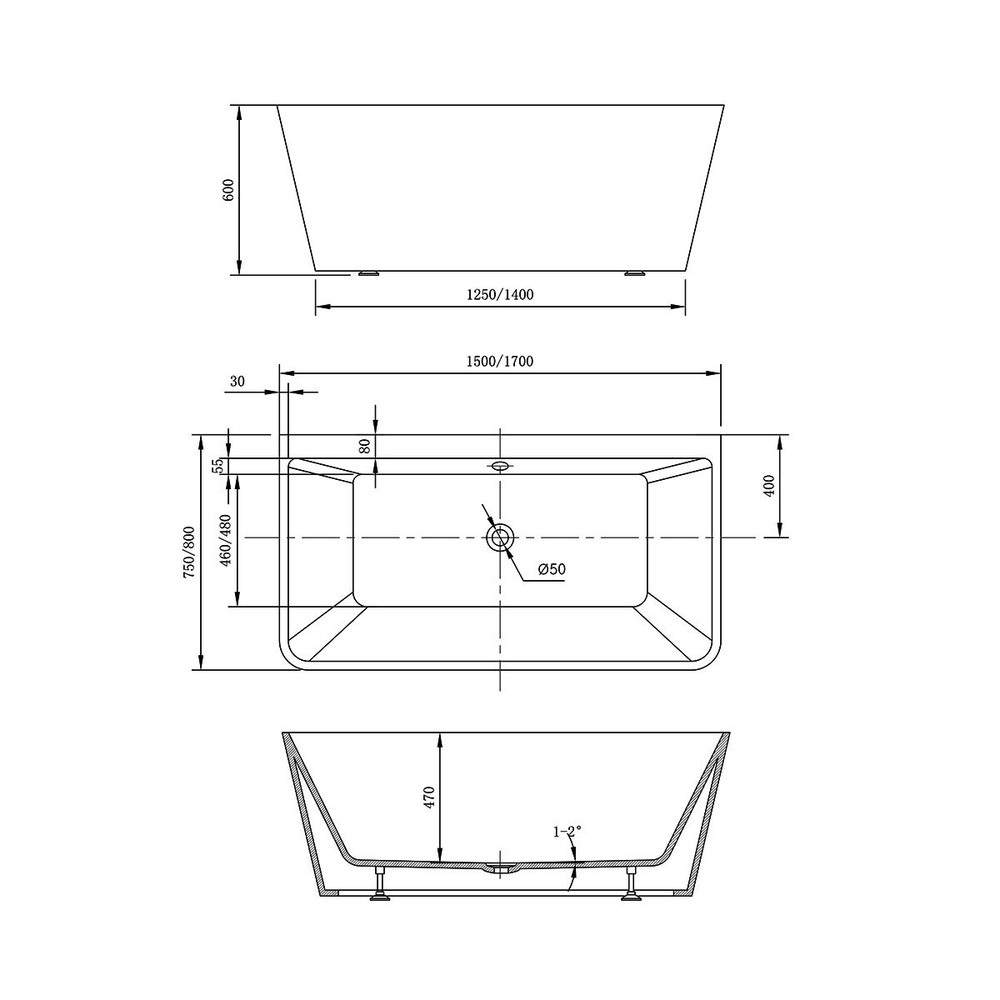 Ванна акриловая Vincea VBT-425-1700 1700*800*600, цвет белый, щелевой перелив, , шт