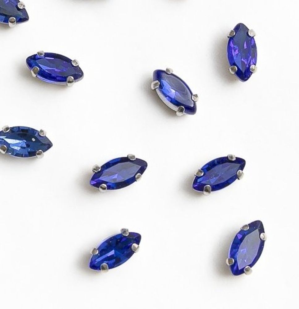 Стразы пришивные стекло в оправе, р. 8х4 мм, синий