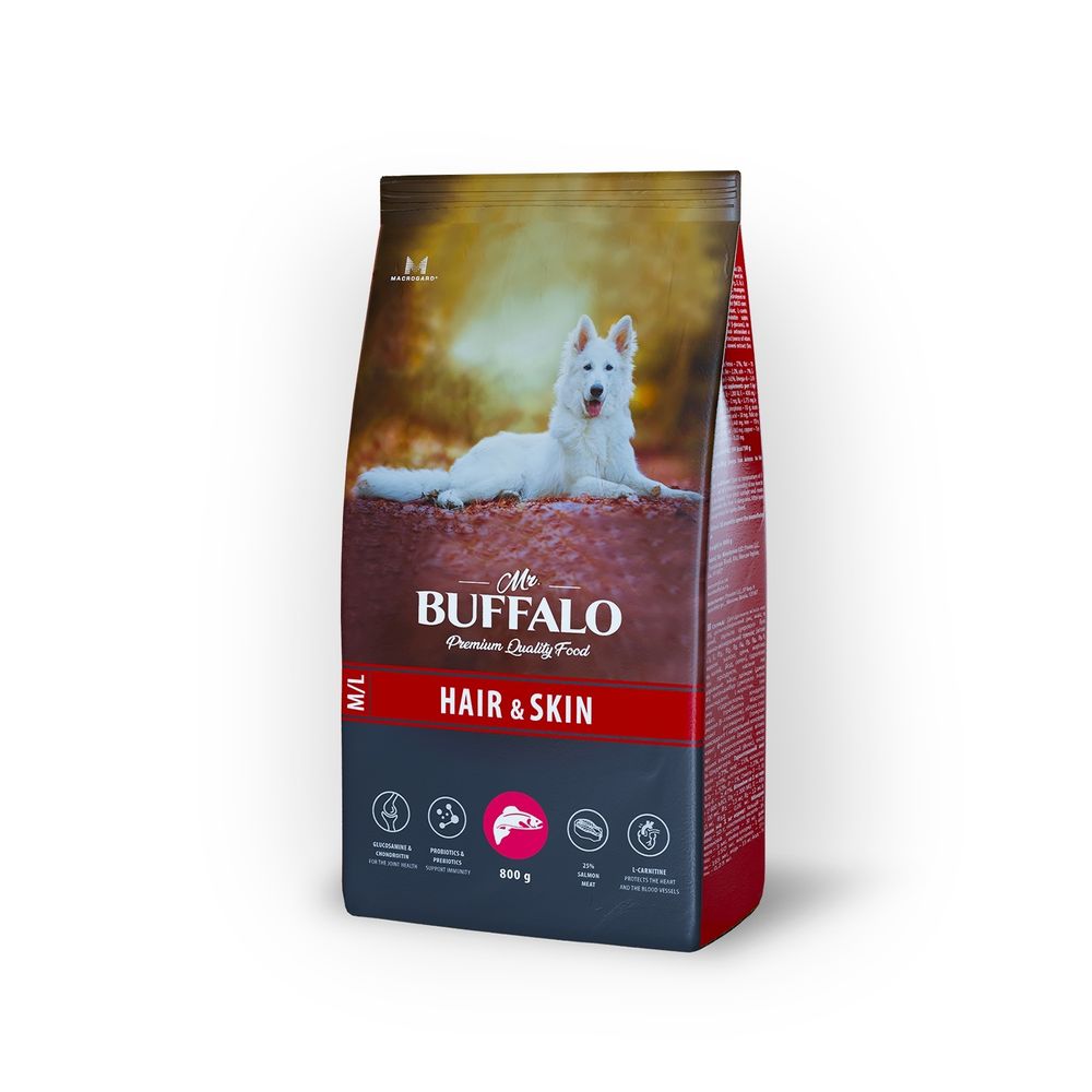 Сухой корм Mr. Buffalo Hair &amp; Skin для здоровой кожи и красивой шерсти собак, лосось, 800 г