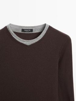 Massimo Dutti Футболка из смесового хлопка с двойным воротником, коричневый