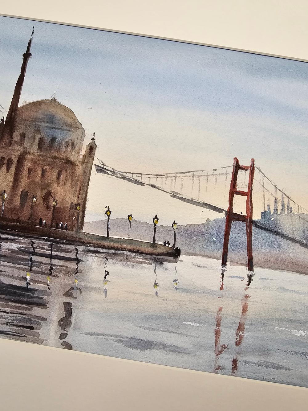 Картина авторская акварельная в паспарту 30х40 см на стену для интерьера "Мечеть Ортакей. Стамбул"