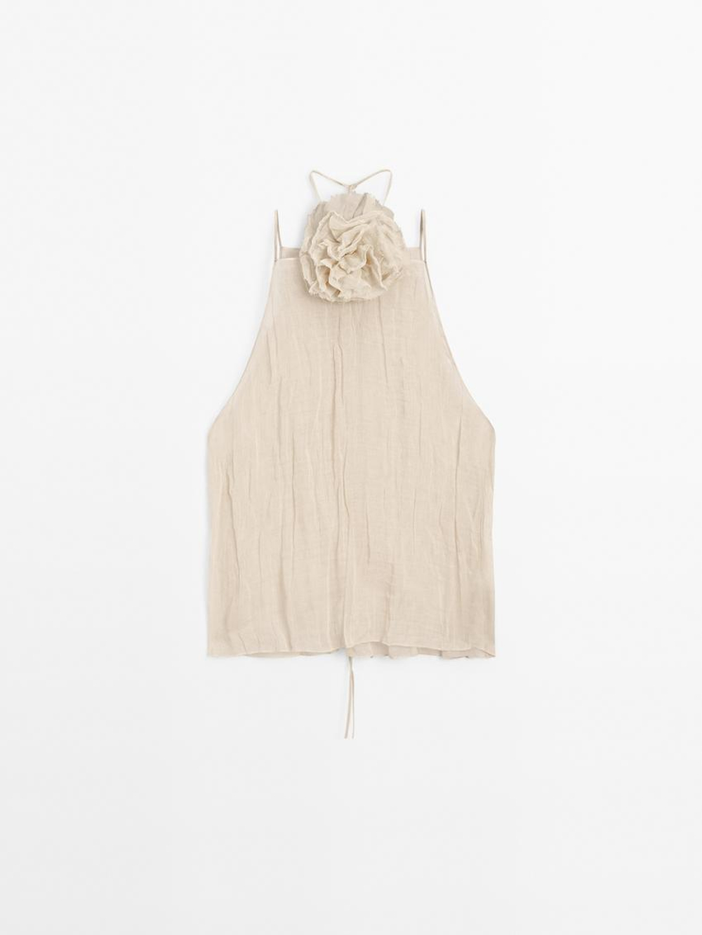 Massimo Dutti Топ с горловиной халтер и цветочным принтом, натуральный, кремовый