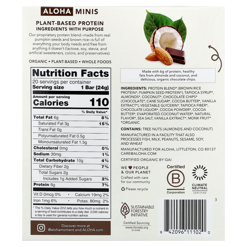 Aloha, Organic Protein Mini Bars, Coconut Chocolate Almond, 20 Bars, 0.85 oz (24 g) Each