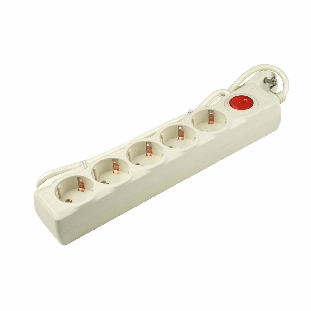 S-GSU5-1,5 IVORY Cетевой фильтр серии Universal, 1,5м (Пвс 3*0,75), 5 гнезд, с/з. 10А. Защита от перенапряжения, короткого замыкания. TM Uniel.