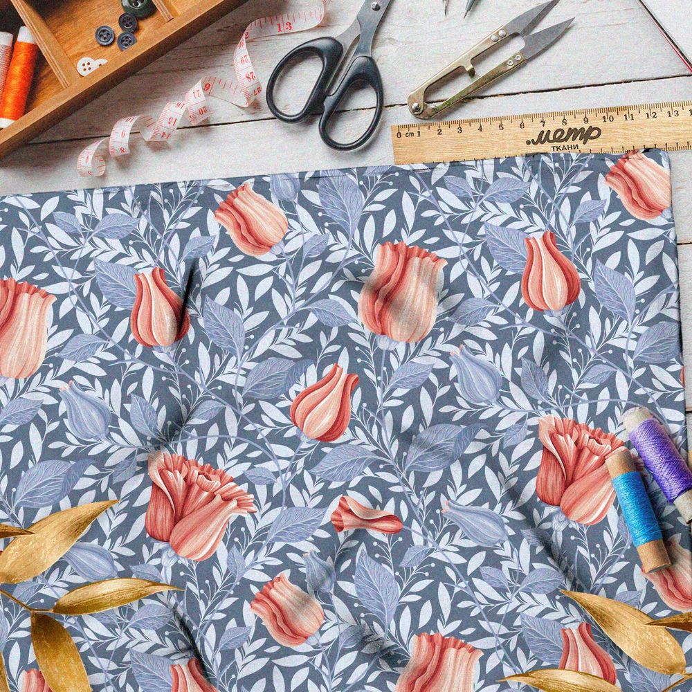 Ткань бифлекс мелкие пастельные бутоны роз на голубом фоне