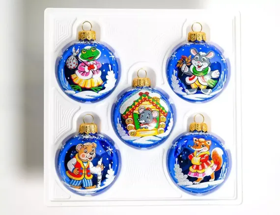 Набор стеклянных шаров Теремок 5 шт., 60 мм., синий, Ёлочка (С2392/2)