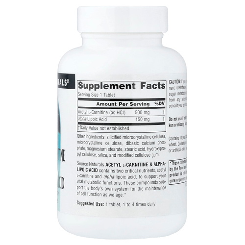 Source Naturals, ацетил-L-карнитин и альфа-липоевая кислота, 60 таблеток