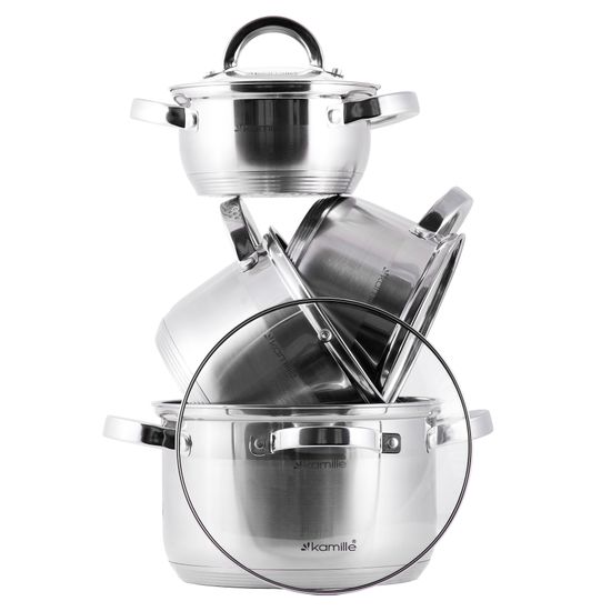 Набор кастрюль 8 предметов из нержавеющей стали Kamille KM-5637S (1,0 л; 1,8 л; 2,5 л; 3,8 л)