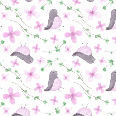 Весенний принт. Пасхальный принт. Сад, птички, гнездо, природа, зелень, цветы и растительность.