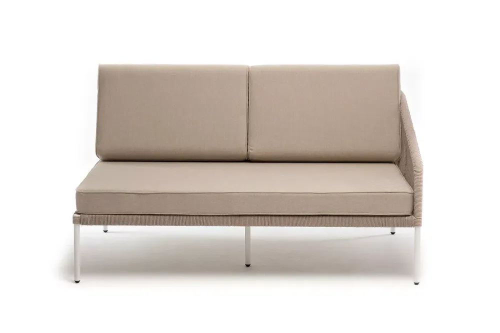 "Канны" левый модуль плетеный из роупа, каркас алюминий белый муар, роуп бежевый круглый, ткань бежевая 15052