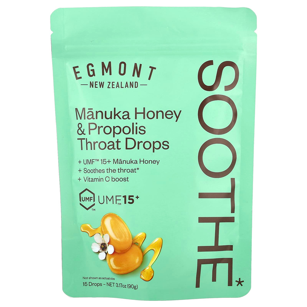 Egmont Honey, леденцы для горла с медом манука и прополисом, UMF™ 15+, 15 капель, 90 г (3,17 унции)