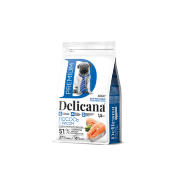 Cухой полнорационный корм для собак мелких пород лосось с рисом Delicana 1,5кг