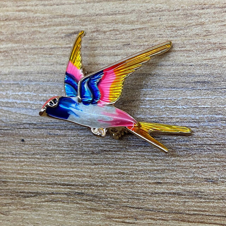 Брошь Ласточка эмаль синяя белая розовая оранжевая металл золотистый