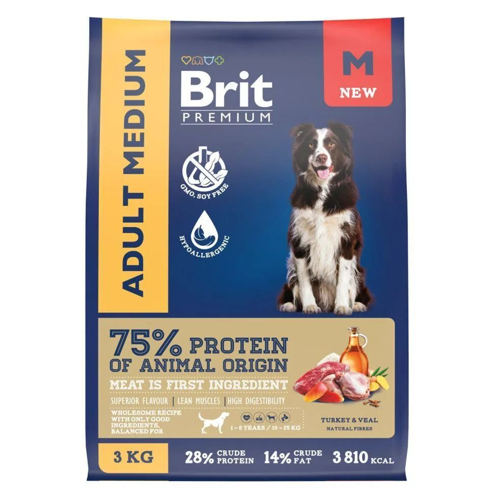 Корм для собак сухой BRIT PREMIUM Dog Adult Medium 3 кг для взрослых животных/с индейкой и телятиной