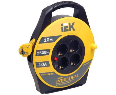 Удлинитель на закр. катушке силов.УК10 ПВС 3х1.5 4 роз.10м земля термозащ. Industrial (чемод) IEK