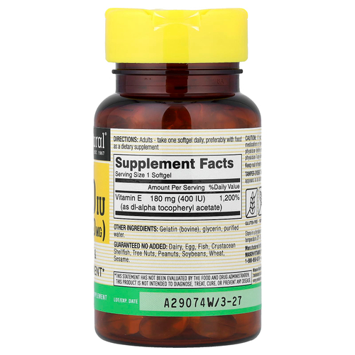 Mason Natural, витамин E, 180 мг (400 МЕ), 100 мягких таблеток
