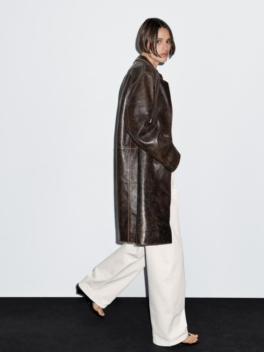 Massimo Dutti Пальто из кожи наппа с эффектом потертости, коричневый