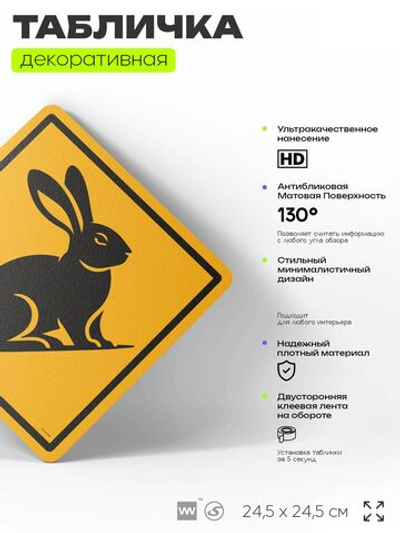Табличка прикольная "Осторожно, заяц" на дверь и стену, информационная и предупреждающая, декоративный знак, 24,5х24,5 см, пластиковая, Айдентика Технолоджи