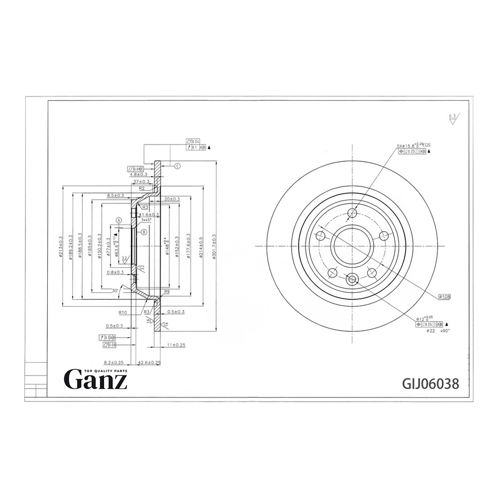 Диск тормозной GANZ задний с покрытием FORD Mondeo IV / Galaxy II / S-Max / Kuga 08 Арт.: GIJ06038