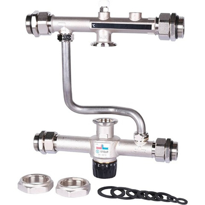 Насосно-смесительный узел проходной STOUT - 1" (термоклапан 30-60°C, с дисплеем, без насоса)