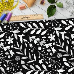 Ткань габардин белая трава на чёрном фоне